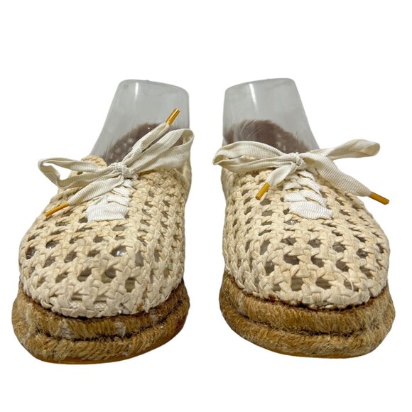 Saint Laurent Womens 7 38 Cream Espadrille Lace Up Loafers Woven Round Toe - Picture 10 of 16